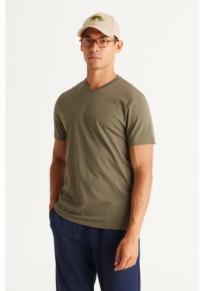 Ac&Co / Altınyıldız Classics Slim Fit Dar Kesim V Yaka Pamuklu  Erkek Tişört Haki