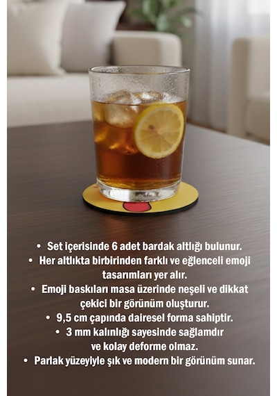 Eğlenceli Emoji Yüzler Baskılı Ahşap Bardak Altlığı Seti 6'lı Kahve & Fincan Altlığı Çok Renkli