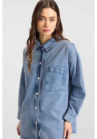 Olcay Taş Bezeli Ceket Pantolon Denim İkili Takım Açık Mavi 9387-tk