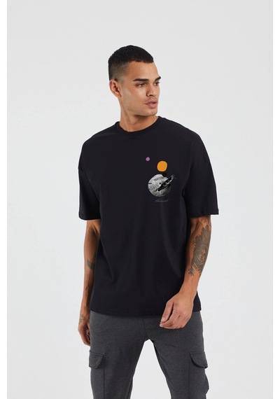 Thewert Unisex Sandal Ve Ay Baskılı Siyah Oversize Tshirt