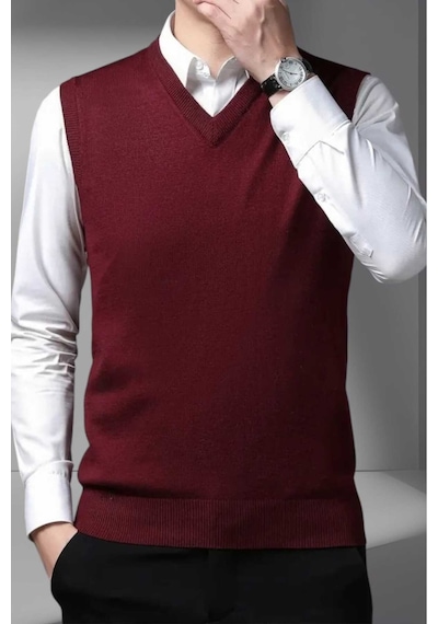 Tezzgelsin Erkek V Yaka Triko Tüylenmez Süveter Erkek Slim Fit Süveter Bordo