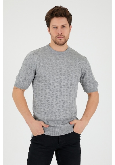 Tarz Cool Erkek Yuvarlak Yaka Desenli Örme T-shirt Gri