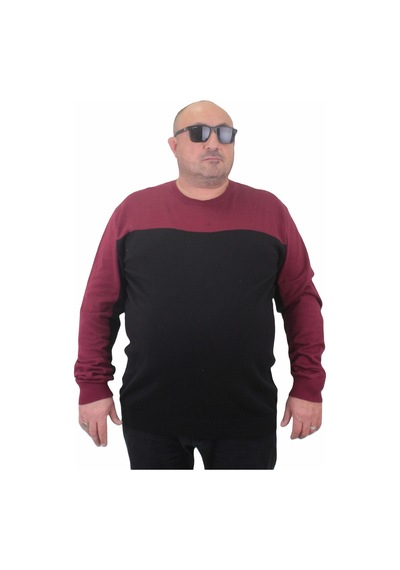 Mocgrande Erkek Büyük Beden Sıfır Yaka Çift Renk Triko Kazak 23751 Bordo-Bordo
