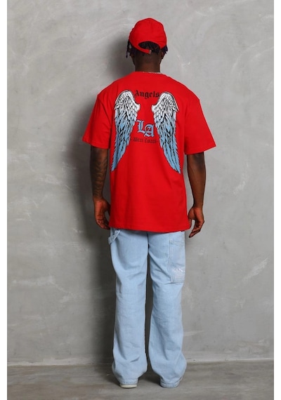 Barlashive Erkek Baskılı Tişört Kısa Kol Bisiklet Yaka Oversize T-shirt - Kırmızı Çok Renkli