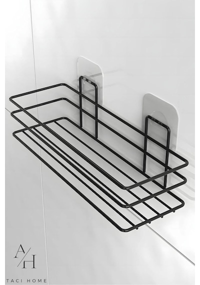 Atacı 1. Kalite Siyah Paslanmaz Yapışkanlı Banyo Rafı Şampuanlık Sabunluk Banyo Duş Askısı Siyah