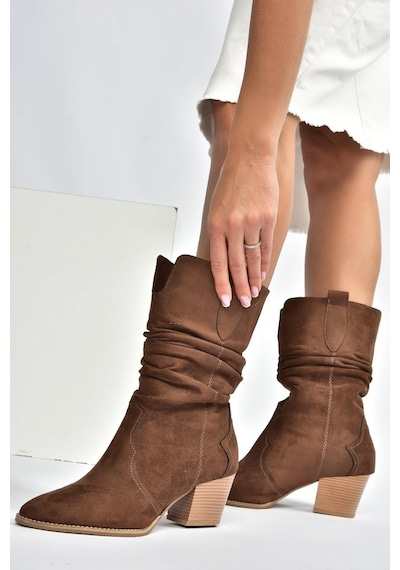 Fox Shoes J404040002 Kahverengi Süet Kalın Topuklu Kadın Bot Kahverengi-süet