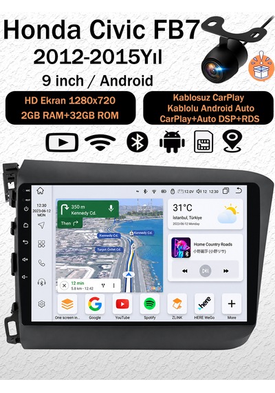 Honda Civic Fb7 2012-2015 Uyumlu 2gb Ram 32gb Android Navigasyon Multimedya Tesla Ekran Android Teyp Double Teyp Kablosuz Carplay Android Auto Bluetooth Wifi Gps Geri Görüş Kameralı 9" Honda Civic Fb7 2012-2015 Uyumlu 2gb Ram 32gb Android Navigasyon Multimedya Tesla Ekran Android Teyp Double Teyp Kablosuz Carplay Android Auto Bluetooth Wifi Gps Geri Görüş Kameralı 9"