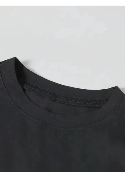Kadın T-shirt Ördek Baskılı Bisiklet Yakalı Kısa Kol Tişört - Siyah