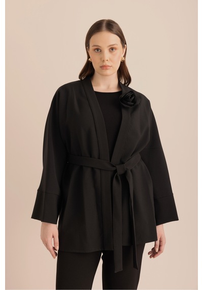 Aker Siyah Kumaş Broşlu Kimono Siyah Siyah