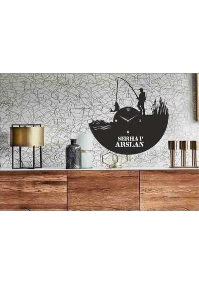 Kişiye Özel Isimli Balıkçı Temalı Ahşap Duvar Saati (548317033) Siyah