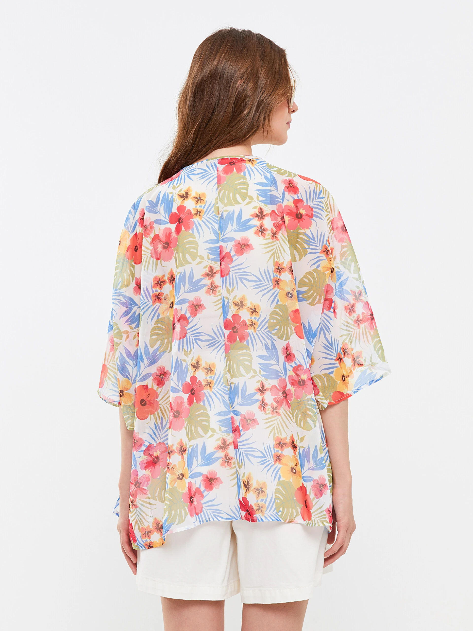 LC Waikiki Lcw Eco Ekru Şal Yaka Desenli Kadın Kimono