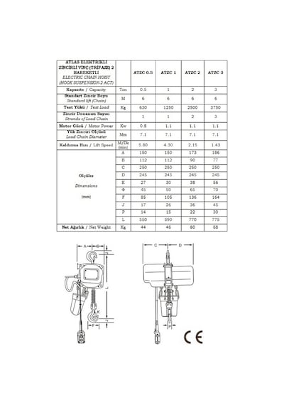 Atlas Atzce2 Trifaze 380V 2 Ton Kapasite Elektrikli Zincirli Vinç