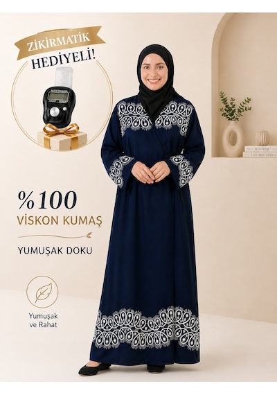 Bilenler Halka Desenli Lacivert Namaz Elbisesi Viskon Kumaş Zikirmatik Hediyeli Yandan Bağlamalı