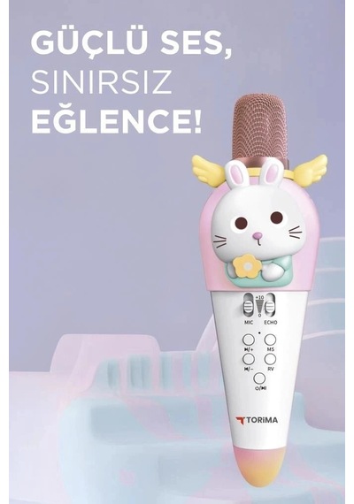 Premium Torima Kıdmıc03 Beyaz Tavşan Figürlü Şarjlı Bt Karaoke Mikrofon 5w Ses Ürünü Bağlantılı Alet