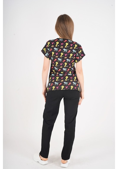 Unisex Cool Cats Club Desenli Doktor Hemşire Hastane Aşçı Mutfak Scrubs Üniforma Takım Siyah