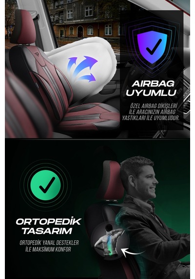 Bordo - Siyah Panda Carlone Serisi Ful Deri Oto Koltuk Kılıfı - Tam Set