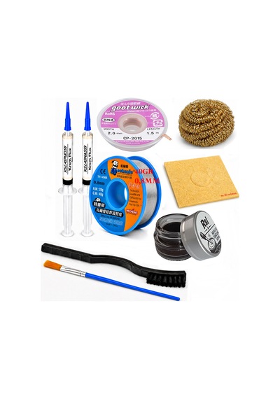Lehimleme Seti 0,8 Mm 40 Gr Lehim Teli 2 Li Flux Cp-2015 Lehim Fitili Fırça Ve Havya Ucu Temizleme Seti St24