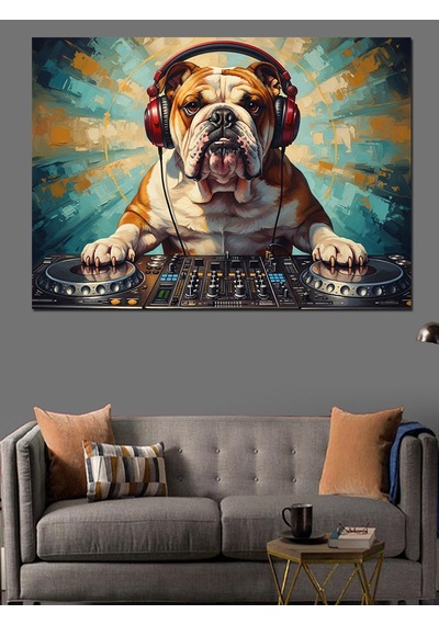 Dj Seti Başında Kulaklıklı Bulldog Dekoratif Kanvas - Mdf Ahşap Tablo