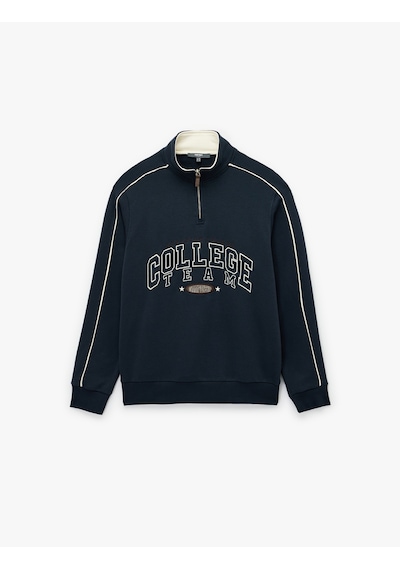 Koton Uzun Kollu Kolej Nakışlı Renk Kontrastlı Şardonlu Yarım Fermuarlı Sweatshirt Lacivert 6wam70052mk Lacivert