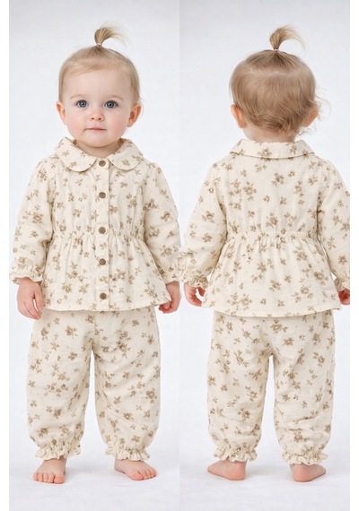 Babyhola Çiçek Desenli Müslin Kız Bebek Bayramlık Takım İkili Set 2013 Bej