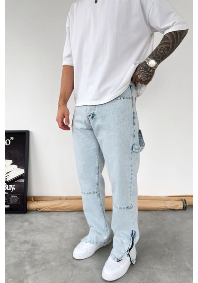 Buz Mavi Paça Fermuar Detay Baggy Pantolon