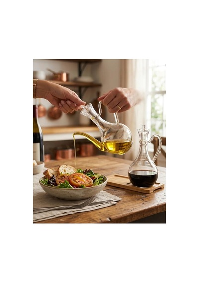 Cam Yağdanlık Seti 750+750 Ml Bambu Stant Glory Borosilikat Sirkelik El Üretimi Yağ, Sirke Ve Sos Beyaz Beyaz