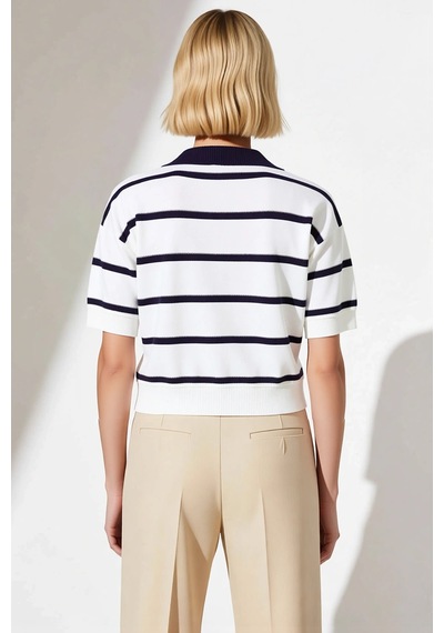 Benerly Kadın Bluz Triko Polo Yaka Kısa Kol Çizgili Crop Boy Regular Kalı Lacivert