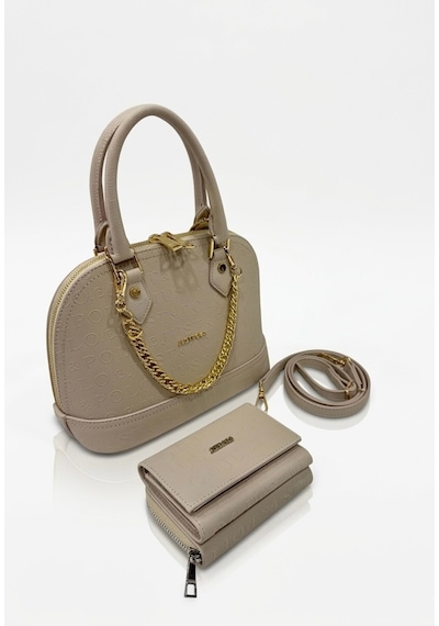 Just Polo Kadın Zincir Detaylı Lüks El & Omuz Çantası Ve Cüzdanı Kombin Shopper Ebat : 25x22 Cm Taş