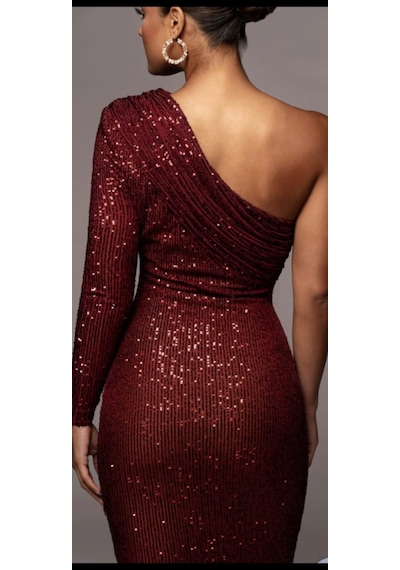 Hanife Glam Couture Hanife Glam Pulpayet Işlemeli Tek Kollu Midi Elbise Bordo
