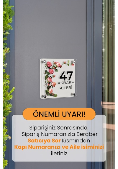 Kişiye Özel Pembe Gül Dallı Kapı İsimliği Beyaz