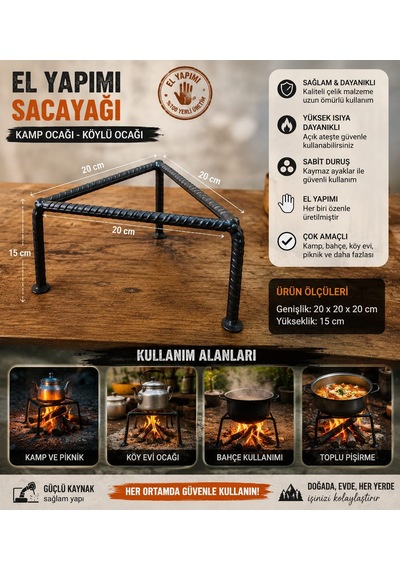 El Yapımı Çelik Sacayağı, Kamp Ocağı, Piknik Ocağı, Kışlık Hazırlama Ocağı, Köylü Ocağı, Odun Ocağı Siyah