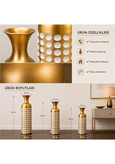 Seramik Görünümlü Metal Dekoratif Yer Vazosu Gold Beyaz Puantiyeli Modern Salon Vazosu Beyaz - Gold