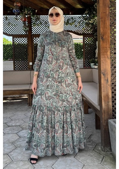 Rabia Şamlı Rengin Şal Desenli Gömlek Elbise Yeşil Normal
