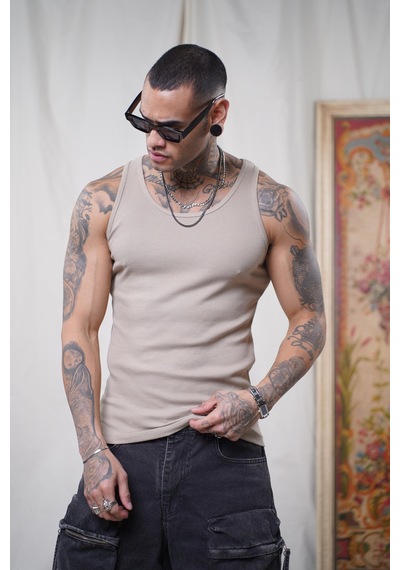 Slim Fit Kaşkorseli Esnek Düz Erkek Sporcu Atlet Bej