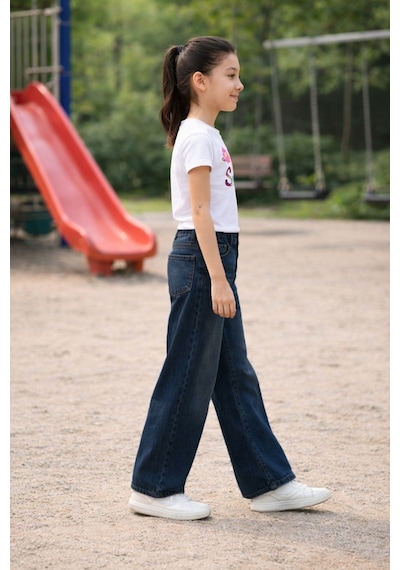 Cedy Denim Cedy Denım Yüksek Kalite Kız Çocuk Yüksek Bel %100 Cotton Palazzo Jean Pantolon Koyu Mavi