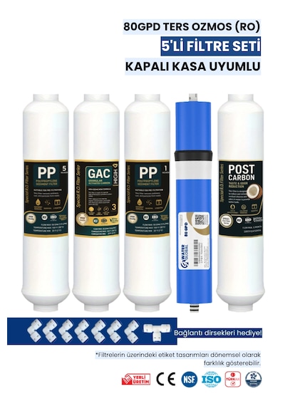 Water Global 5 Li Kapalı Kasa Filtre Seti 80 Gpd Membran Coconut Post Karbon Üreticiden 5'Li Filtre Seti