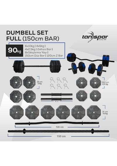 Tanspor 90 Kg Dambıl Halter Full Kısa Bar + Düz Bar (150 cm) + Z Bar (120 cm) Set Mavi Kapaklı