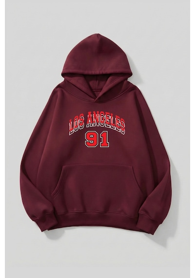 Uyguntarz Unisex Yumuşak Dokulu Los Angeles 91 Baskılı Tasarım Oversize 3 İplik Hoodie Sweatshirt Bordo