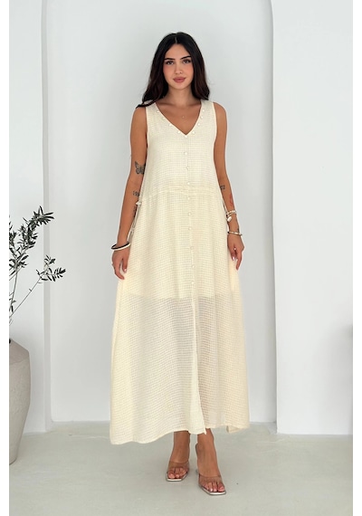 Asprin Fashion Etamin Kumaş Süs Düğmeli Elbise Beyaz