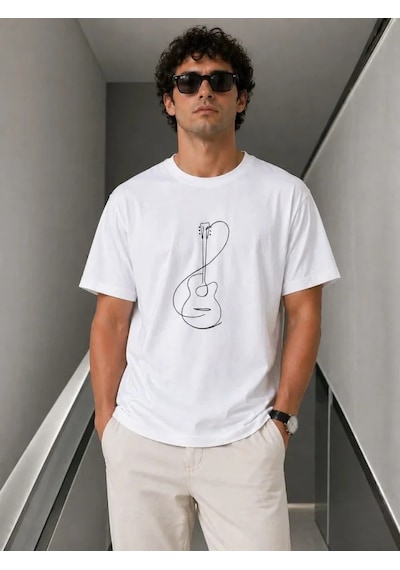 Efnaz Style Erkek Minimal Gitar Baskılı Tişört T-shirt Yazlık Kısa Kol Bisiklet Yaka T-shirt - Beyaz