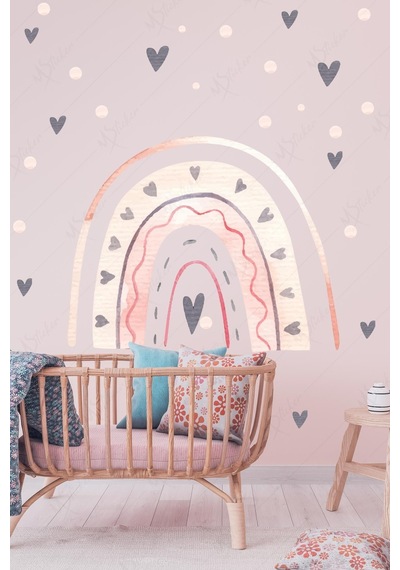 MSticker Pembe Tonlarda Gökkuşağı Ve Gri Kalpler Çocuk Bebek Odası Dekorasyon Sticker Seti