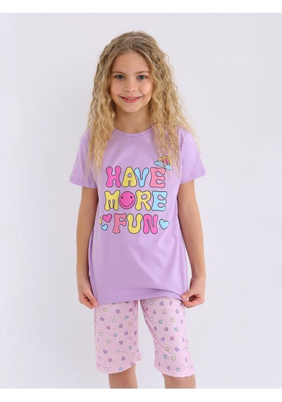 Kız Çocuk Kısa Kollu Kapri %100 Pamuklu Pijama Takımı More Fun Lila
