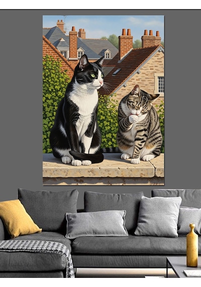 Ahşap Tablo Duvar Üstünde İki Kedi