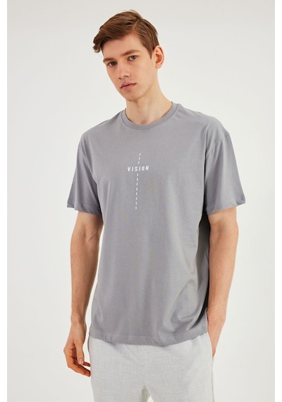 Leo Erkek Oversize Tshirt %100 Pamuk Bisiklet Yaka Baskı Detaylı Basic Tişört Mtlce87 Gri