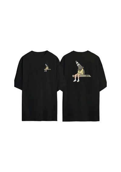 Thewert Unisex Kafasına Duba Geçirmiş Adam Ön Arka Baskılı Sıyah Oversize T-shirt Siyah