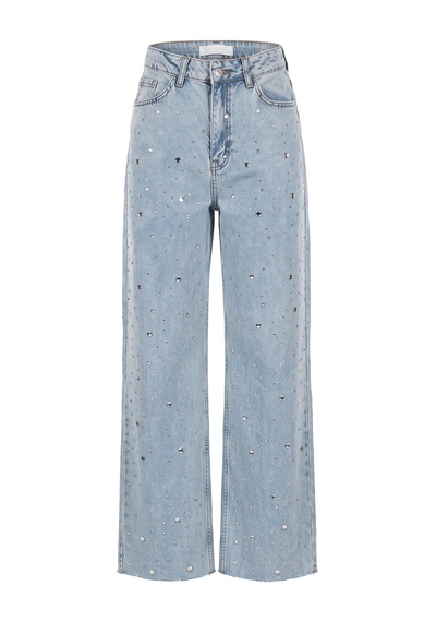 CEMO Kadın Taş İşlemeli Wide Leg Jean Pantolon Mavi