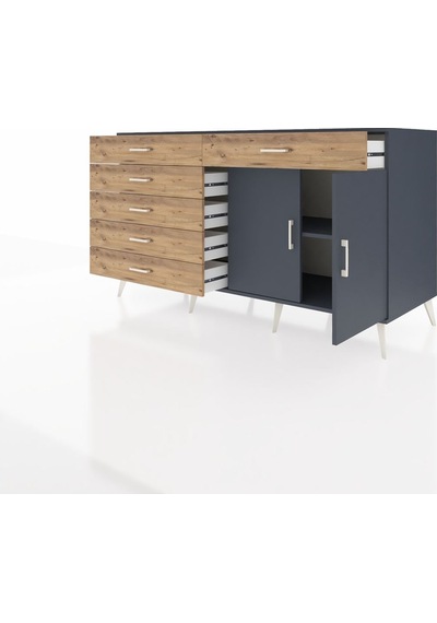 Kronos Konsol Tek Raflı 6 Çekmeceli 2 Kapaklı 176x59x99 Antrasit- Antrasit-antrasit/çam