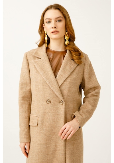 Esswaap Balıksırtı Yün Kumaş Manto Camel-camel Camel