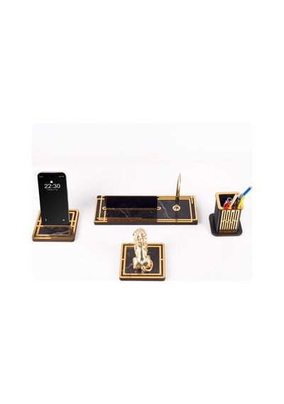 Vista Aslan Biblolu Biblolu Gold Ahşap Masa İsimliği Seti Mermer Desenli Ofis Hediyesi Masa Üstü İsimlik Siyah