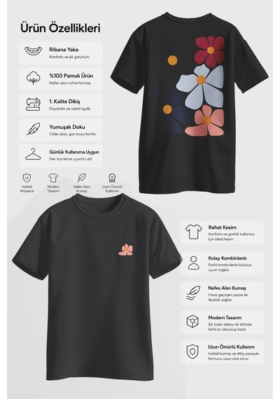 Spoyi Pastel Çiçekler Tasarımlı %100 Pamuk Yarım Oversize Siyah T-shirt